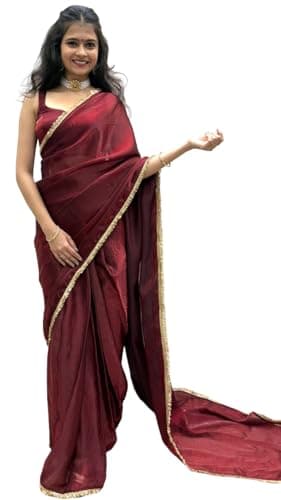 DC ELEMENTS Ready to Wear One Minute Saree for Women - Adjustable Waist 28-44 Inches - Pre Pleated Plain Saree with Unstitched Blouse, Wine Red Fendy Space Silk