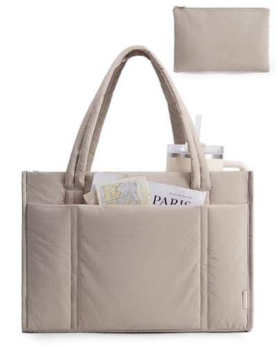 BAGSMART Tote Bag for Women, 2Pc Puffy Tote Bag Set with Zipper, Quilted Large Nurse Work Teacher Bag for Travel, Brown