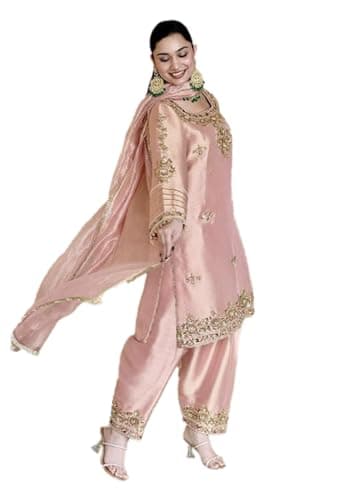 Indya Pink Embroidered Silk Blended Punjabi Suit – Embroidered for Festive | Long Sleeve | Crew Neck | Indian Ethnic Wear