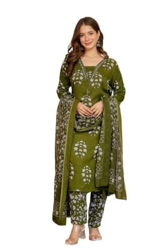 SANJHEYA- CRAFTED TO BELONG Women's Green Rayon Printed Straight Kurta Pant Dupatta Set Calf Length Ethnic Suit | Large