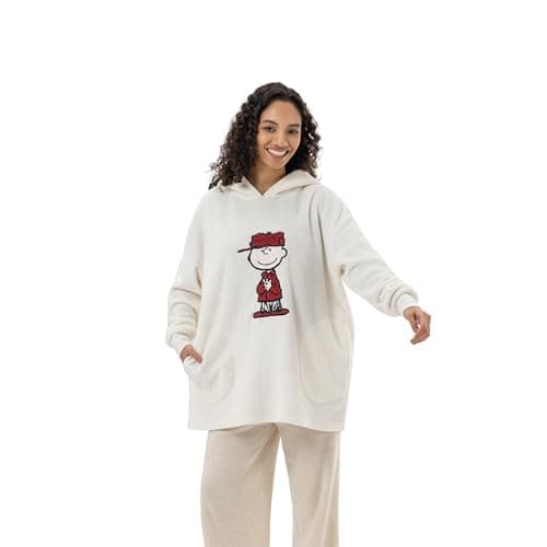 Berkshire Peanuts Velvetloft Oversized Sweatshirt, Embroidered Snoopy & Woodstock, Ultra Soft Fleece Pullover, Cozy Casual for Women, Gift for Fans, X-Large, Charlie Brown Clapping Embroidery