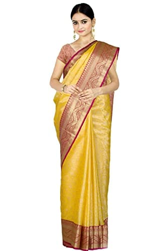 Chandrakala Sarees for Women Cotton Silk Blend Tanchui Jaal Indian Traditional Sari with Unstitched Blousepiece, Yellow (1422YEL)