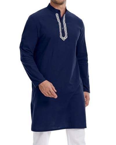 YAOHUOLE Jubba Thobe for Men Long Sleeve Kurta Caftans for Men Navy XL