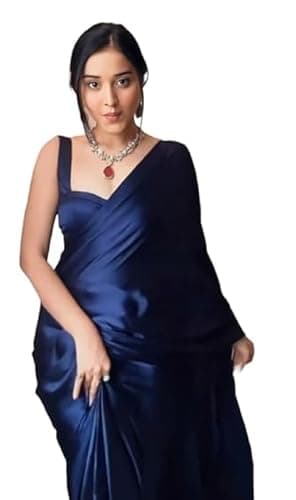 SHOPAZ Women's Ready to Wear Plain Satin Silk 1 Minute Pre Pleated Saree With Unstitched Blouse Free size Navy Blue