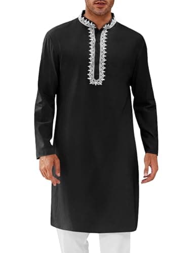 Runcati Mens Kaftan Thobe Cotton Henley Shirt Long Sleeve Embroidery Robe Casual Kurta Muslim Gown Shirt Black