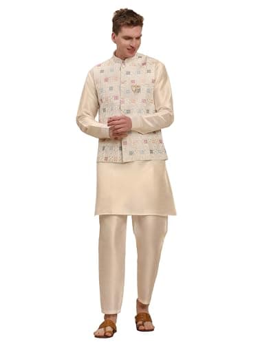 Pro-Ethic Style Developer Mens Indian Traditional Silk Kurta Set With Jacket For Men Floral Design (C-112) White Large