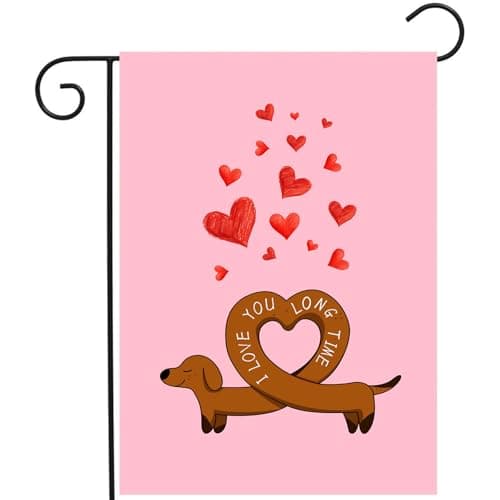 Dachshund Valentine Garden Flag Weiner Dog Valentines Day Yard Decorative for Outside 12x18 Double Sided I Love You Long Time Holiday Anniversary Banner