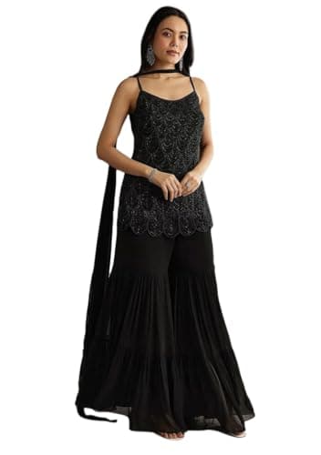 Indya Black Embroidered Georgette Sharara Set for Cocktail | Spaghetti Strap | Sweetheart Neck | Salwar Kameez | Kurta Set