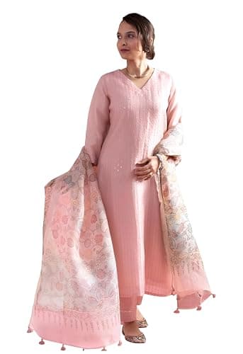 Yashika Women Viscose Chanderi Fabric Straight Kurta, Pant & Dupatta Set for Women - Indian Ethnic Traditional Wear Kurta Set (US, Alpha, X-Large, Regular, Regular)