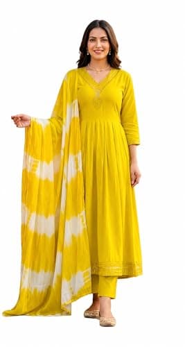 Women’s Anarkali Kurta Set with Dupatta | Embroidered Ethnic Gown Style Kurti with Pant for Festive & Party Wear (US, Alpha, Large, Regular, Regular, Yellow)