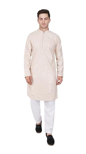 TRILOKI Mens Embroidered Sequined Kurta Pajama Set Rayon Ethnic Indian Traditional Wear Ethnic Diwali Puja Kurta Payjama Set