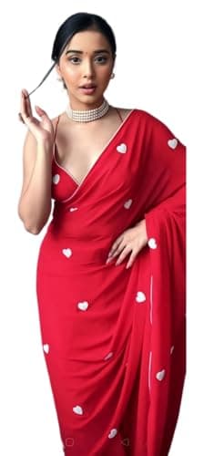 BE4ME.COM Valentine Special Heart Shape Embroidery Ready-to-Wear Pre-Draped Saree for Women (Red)