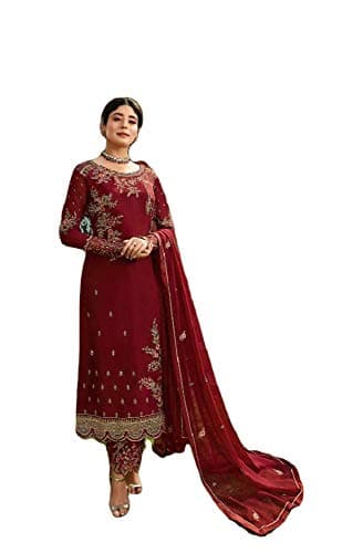 shopNstyle Ready to Wear Indian Pakistani Ethnic Wear Designer Straight Salwar Kameez Churidar Suit for Womens (Maroon 2, XXL)