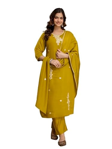 TRENDMALLS Women’s Chanderi Cotton Embroidery Sequence Work Kurta Pant with Dupatta Set (G509-Mustard-M)