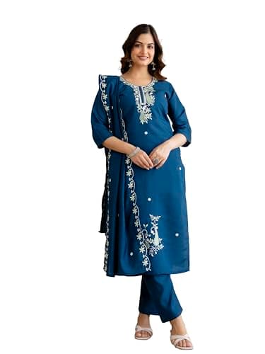 TRENDMALLS Women’s Chanderi Cotton Embroidery Sequence Work Kurta Pant with Dupatta Set (G513-Morpeach-XXL)