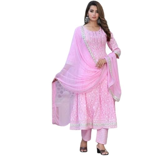TWIN FEET Rayon Anarkali Indian Kurti For Women Summer Dress Kurta Pant With Dupatta Set Pakistani Kurta(Pink)