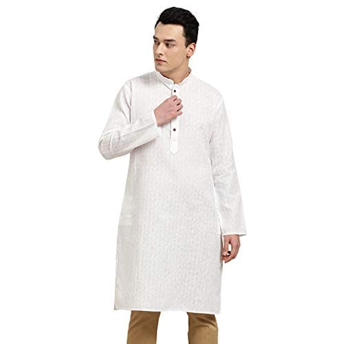 Sojanya (Since 1958 Men'S Cotton Linen White Checked Only Long Kurta, Size 44