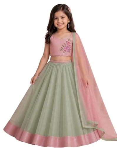 Modish Girls Lehenga Choli Set, Sage Green and Pink, Floral Embroidered Crop Top with Dupatta, Ethnic Festive Wear (US, Age, 2 Years, 3 Years, Green)