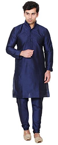 Men's Art Silk Kurta Pajama Set Wedding Dress Indian Clothing (Blue, M)