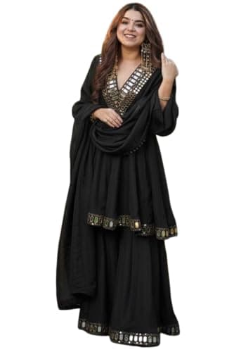 BE4ME.COM Designer Chinon Sharara Set for Women Mirror Work Kurta with Dupatta Ethnic Party Wear Dress (US, Alpha, XX-Large, Regular, Regular, Black)