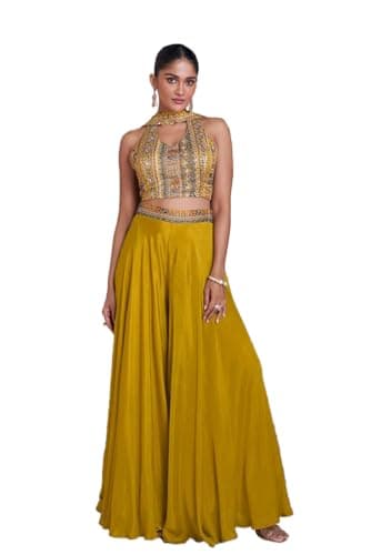 Indya Mustard Embroidered Chinon Sharara Set for Festive | Sleeveless | Indian Ethnic Wear