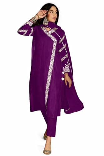ELEGANZA FASHION Women's Chanderi Embroidery Kurta Pant with Dupatta Set Salwar Suit Set For Women (Purple, 3XL)