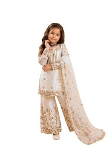 Floxa Girls Indian Ethnic Wear Salwar Kameez For Kids|Girls Punjabi Suit|Kids Kurta Sharara Set For Girls|Indian Dress (White, 10-11 Years)