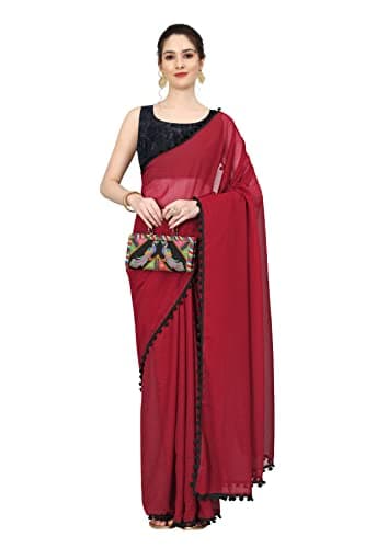 Sidhidata Women's Georgette Pom-Pom Lace Boardered Saree With Unstitched Blouse Piece (Zomato Red_Red_Free Size)