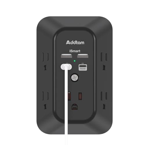 Addtam 5-Outlet Extender Surge Protector, Multi Plug Wall Outlet with 4 USB Wall Charger(PD 30W), Plug Extension Outlet 1800J, Outlet Splitter Power Strip for Home Office Dorm Room Essentials, Black