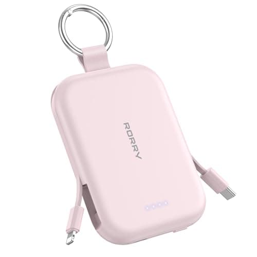RORRY CharmGo Portable Charger, 5000mAh Portable Charger Power Bank with Built-in Cables, Travel Keychain Charger Battery Pack for iPhone 17/16/15/14/13/12, for AirPods 2/3/4/Pro, Pink