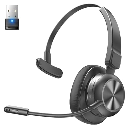 Bluetooth Headset with USB Dongle, Trucker Bluetooth Headset with AI Noise Cancelling Microphone & Mute Button, 50Hrs Single Ear Wireless Headphones for Truck Driver Phone Computer PC Office Work