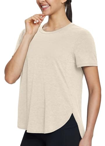 baleaf Women's Workout Shirts Yoga Workout Tops Short Sleeve Athletic Running Gym Exercise Loose Fit Clothes Heather Khaki XL