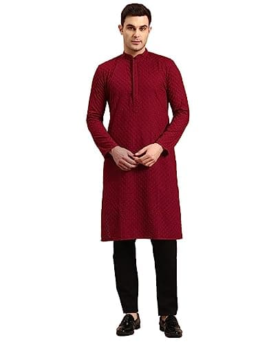 Rajubhai Hargovindas Men Maroon Ethnic Motifs Chikankari Embroidered Kurta (BTFLY-44)
