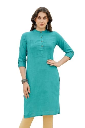 SARJANA Women's Cotton Slub Straight Kurti Tops Tunics High Neck Button Down 3/4 Sleeve Kurta (US, Alpha, 3X-Large, Regular, Regular, Turquoise)