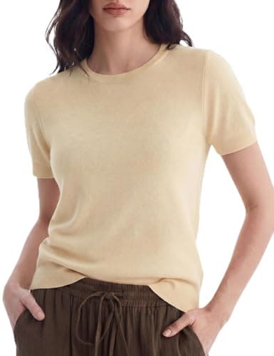 C202 Women's Sweaters Short Sleeve Crew Neck Tops Loose Fit Pullover Casual Business Clothes, Beige Medium