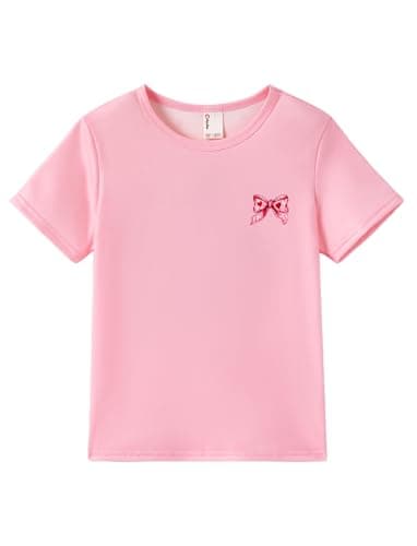 PATPAT Girls T Shirts Size 7-8 Years, Pink Bow Print Graphic Tees Crew Neck Short Sleeve Shirts Children Clothes Travel Outfits Cute Summer Tops