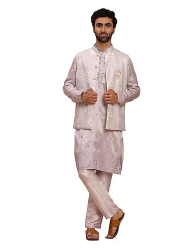 Pro-Ethic Style Developer Mens Silk Kurta Trouser Set With Embroidered Waistcoat (Nehru Jacket) (C-126) Lavender XX-Large
