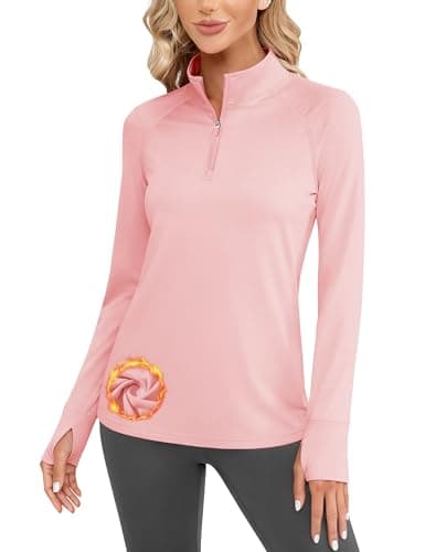 Cavva Long Sleeve Top for Women Quarter Zip Pullover Vneck Warm Fleece Shirt Thumbhole for Running Workout Light Pink,L