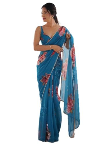Indya Blue Embroidery Silk Blend Saree Set | Perfect for Festive & Party Wear