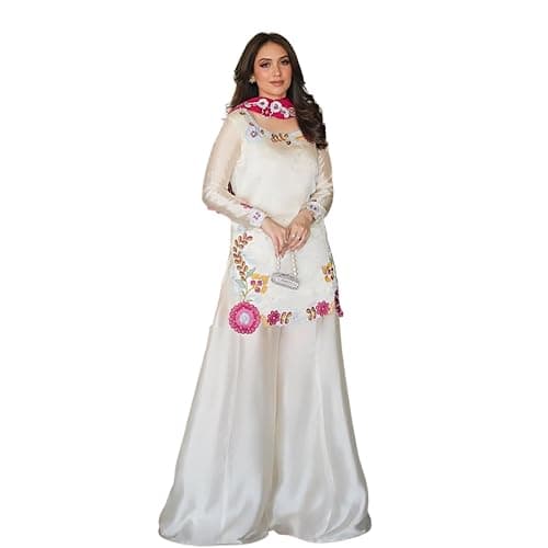Heavy Roman Glass Palazzo Suit with Embroidery & Moti Work, White, Full-Stitched, Micro Cotton Inner, Embroidered Dupatta (38 (M))