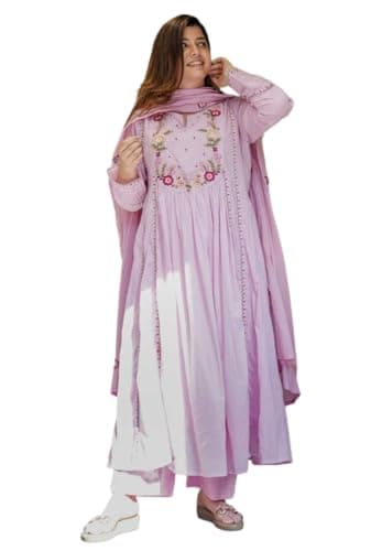 The Red Lion Enterprise Women’s Chanderi Silk Embroidered Kurti Pant Dupatta Set – Designer Festive Wedding Party Wear Outfit (US, Alpha, Large, Regular, Regular, Lavender)