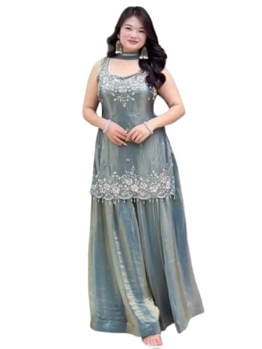 BE4ME.COM Designer Embroidered Sharara Suit Set for Women Festive Party Wear Wedding Traditional Outfit (US, Alpha, Large, Regular, Regular, Sky Blue)