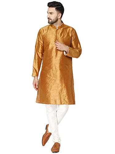 SKAVIJ Men's Art Silk Contrast Kurta Pyjama Set Woven Design 2-Piece Festive Ethnic Dress (KP044brown_Brown_S)