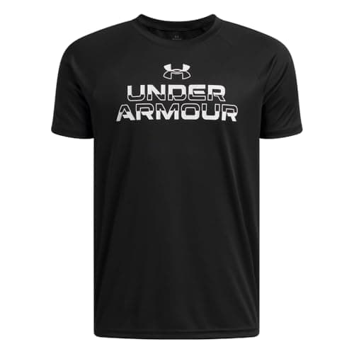 Under Armour Boys' Tech Split Wordmark Short Sleeve T Shirt, (004) Black / / White, Large