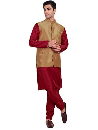 SKAVIJ Men's Indian Dupion Silk Kurta Pajama And Nehru Jacket (Waistcoat) Set for Wedding (Medium, Brown)