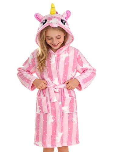 Doctor Unicorn Soft Unicorn Hooded Bathrobe Sleepwear - Unicorn Gifts for Girls Pink Stripe Unicorns 4-5 Years