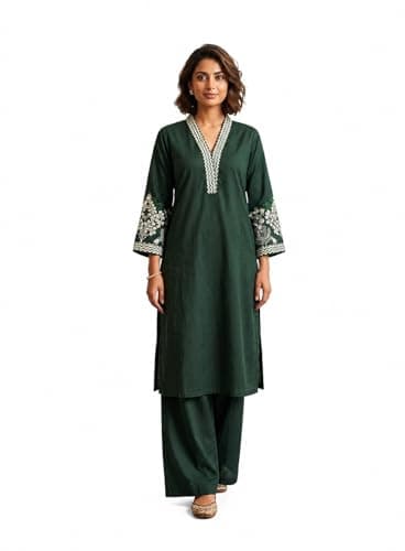 Women’s Embroidered Kurta Set with Pants – Straight Fit Ethnic Wear, 3/4 Sleeve V-Neck Traditional Outfit (US, Alpha, XX-Large, Regular, Regular, Green)