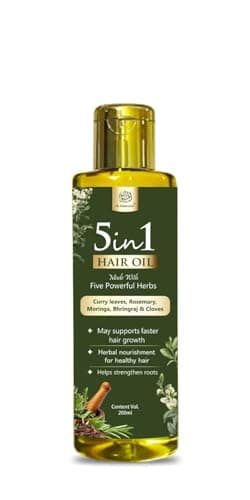 al masnoon 5 in 1 Herbal Hair Oil with Curry Leaves, Rosemary, Clove, Moringa & Bhringraj – 100% Natural, Mineral Oil Free, Hair Growth & Strengthening Oil (200 ml, Pack of 1)