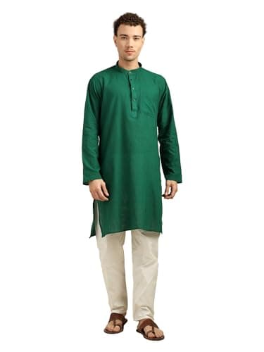 ITOS365 Men’s 100% Cotton Kurta Pajama Set | Solid Long Kurta with White Pajama Pants | Indian Traditional Ethnic Outfit for Wedding, Party & Festival (Bottle Green) XL