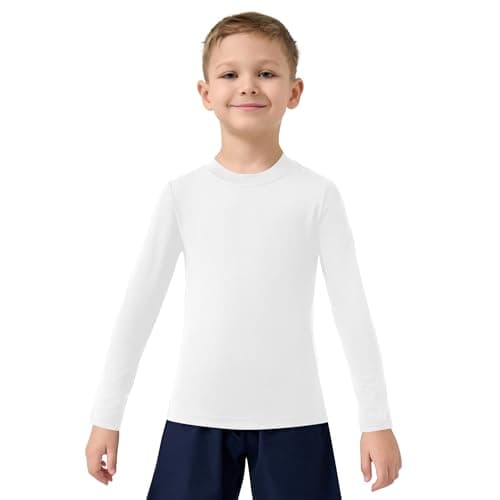 Dreammonkey Toddler Boys Compression Shirt, 2T–14 Years Quick-Dry Long Sleeve Athletic Base Layer, Soft & Stretchy Sports Shirt for Football, Baseball, and Basketball（White 5T）